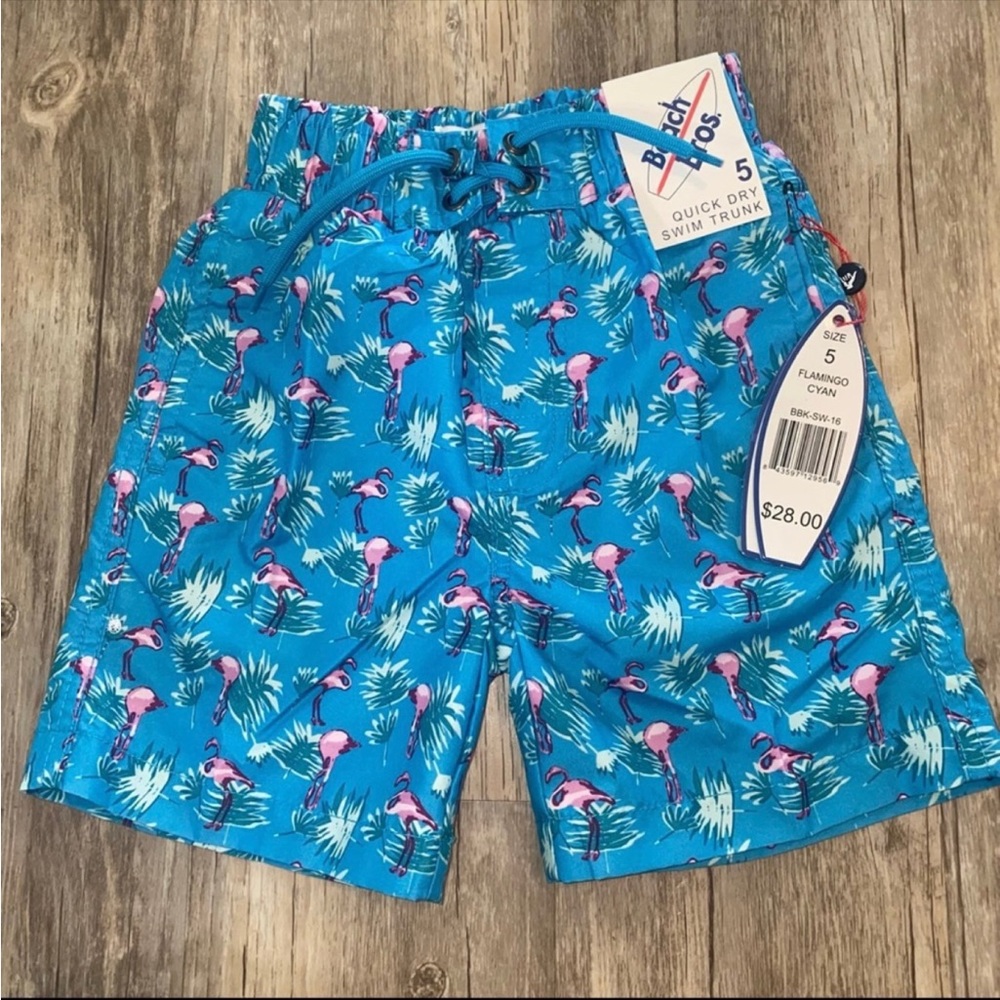 New Beach Bros Flamingo Print Cyan Blue Swim Shorts Little Boys 5